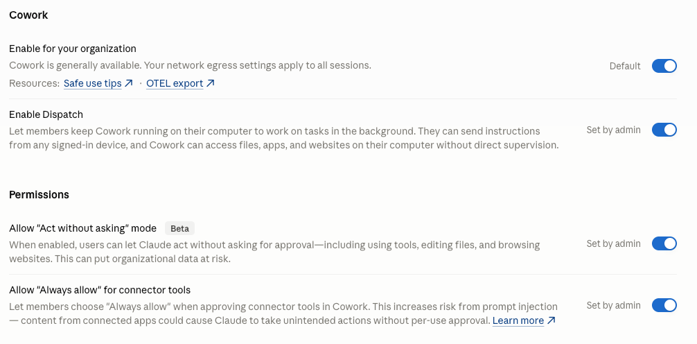 Claude organization Cowork settings with the three toggles enabled