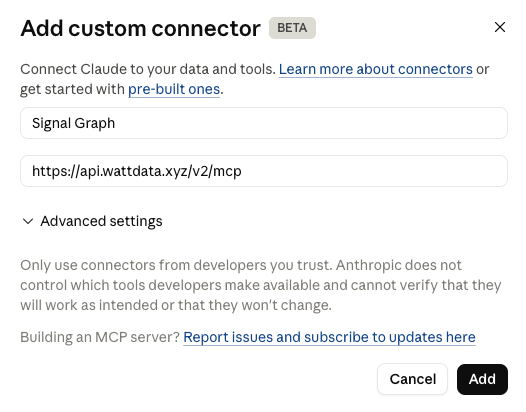Adding the Signal Graph connector in Claude organization settings